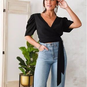 Stylish Black Wrap Blouse with Puff Sleeves
